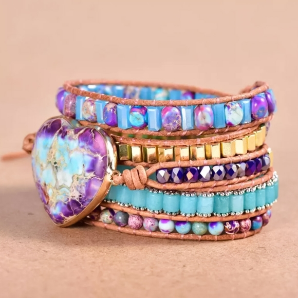 Purple Heart Jasper Beaded Wrap Bracelet - Picture 7 of 10